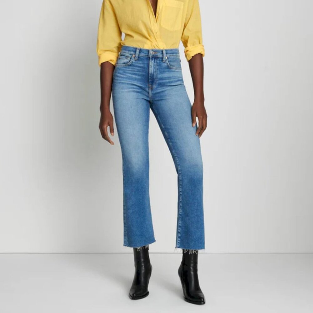 7 For All Mankind Luxe Vintage High Waist Slim Kick Lyme Raw Hem Jeans EUC - 32